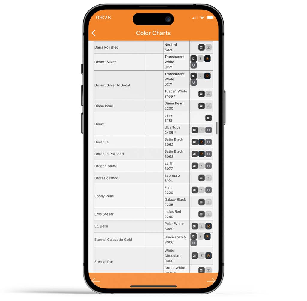 Integra Adhesives App - Colour Charts